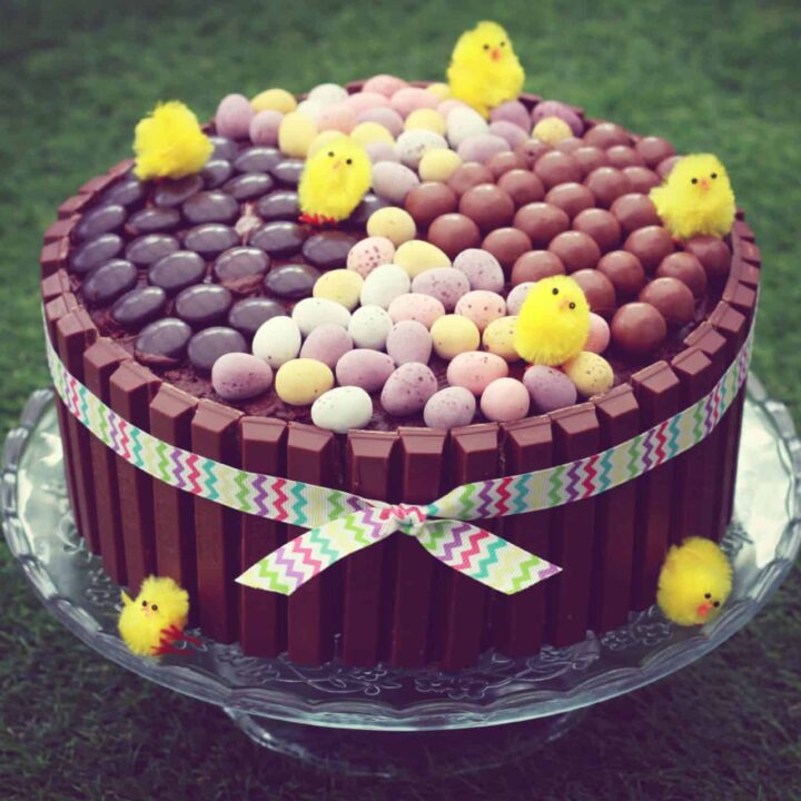 An Easter showstopper centrepiece made from a chocolate fudge cake for the base and decorated with Kit Kats around the side, chocolate fingers, malteesers, minstrels and mini eggs to decorate the top!