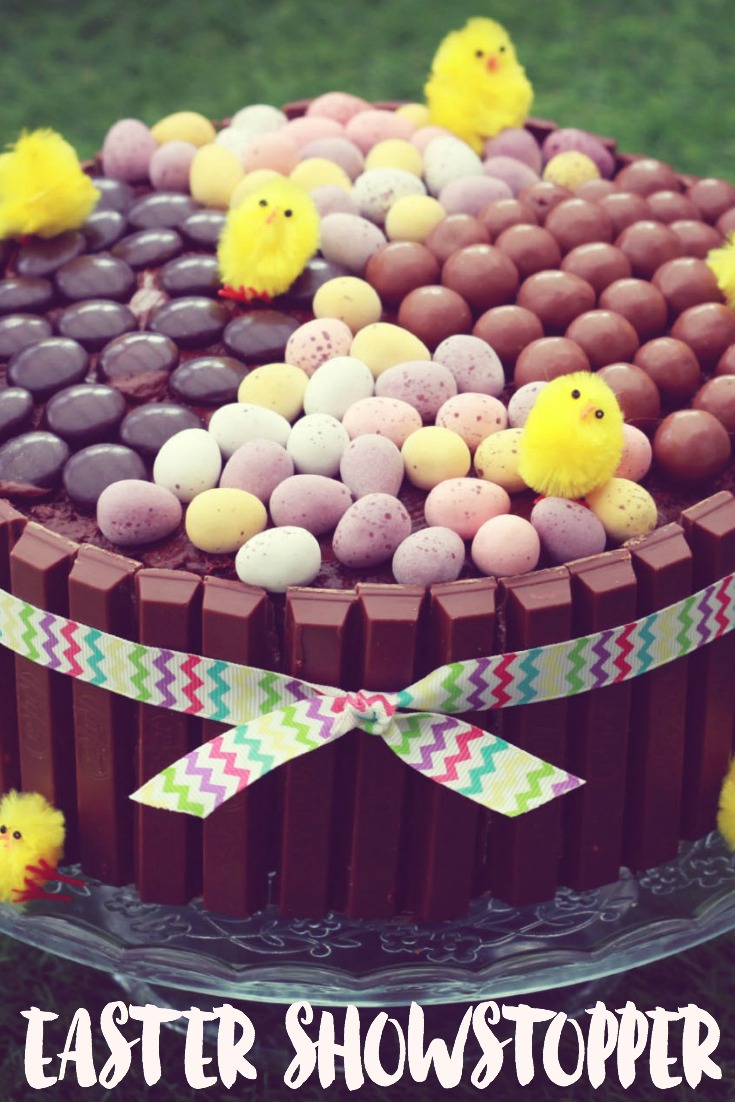 An Easter showstopper centrepiece made from a chocolate fudge cake for the base and decorated with Kit Kats around the side, chocolate fingers, malteesers, minstrels and mini eggs to decorate the top! 