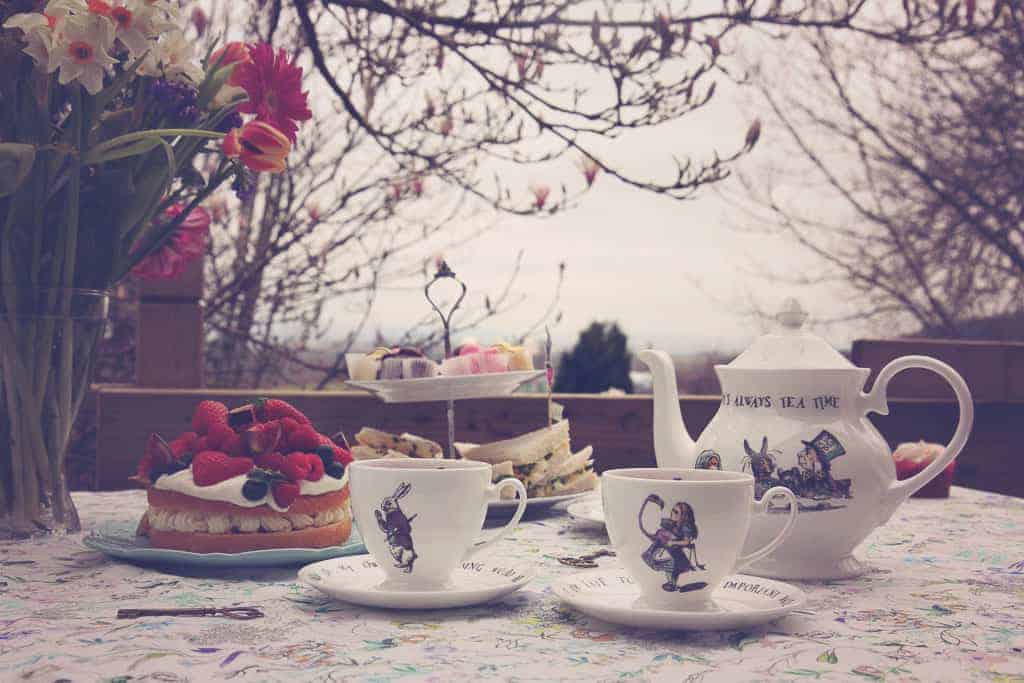 An Alice in Wonderland themed tea party using the collection of vintage tableware from Mrs Moore’s vintage store for Amara