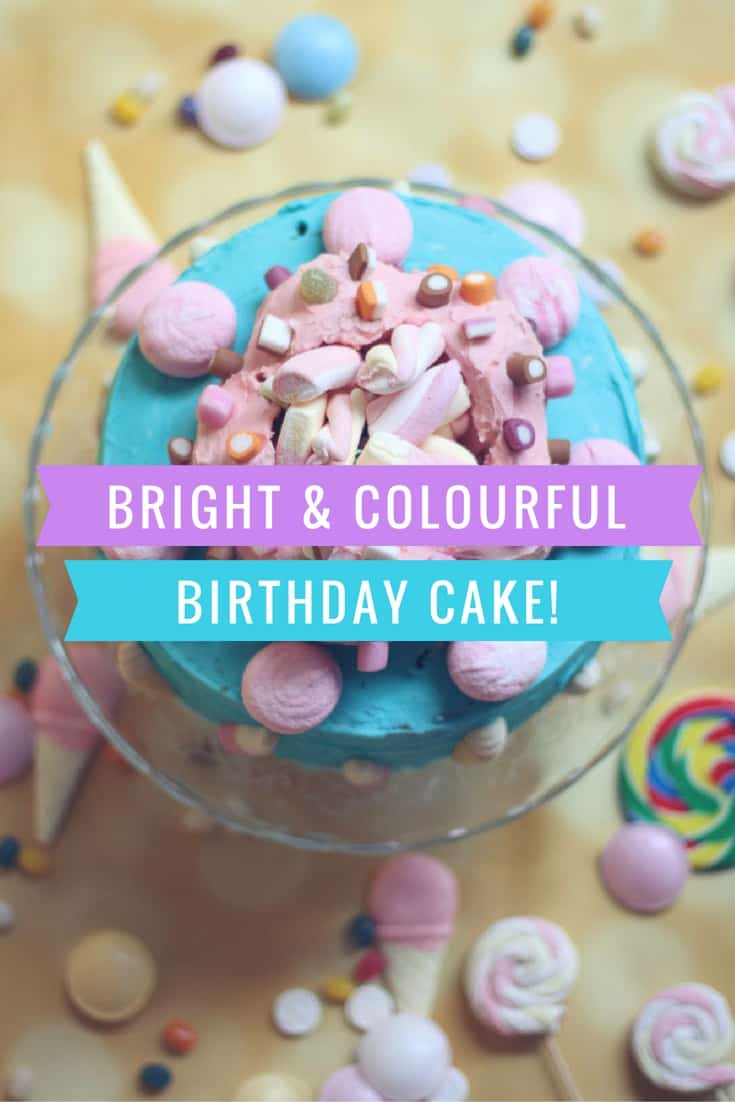 A bright and colourful birthday cake perfect for a children’s party centrepiece. Easy to make with two sponges sandwiched together and a ring of iced cupcakes and Pic ’n’ mix sweets to decorate! 
