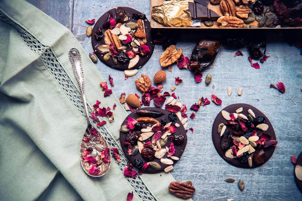 Dark chocolate fruit and nut thins made with pecans and almonds