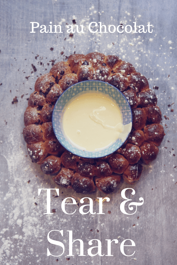 The perfect Tear & Share for Christmas morning! A Pain au Chocolat wreath with a pot of melted white chocolate nestled in the middle. Takes 10 minutes to prepare with my quick and simple pastry cheat!