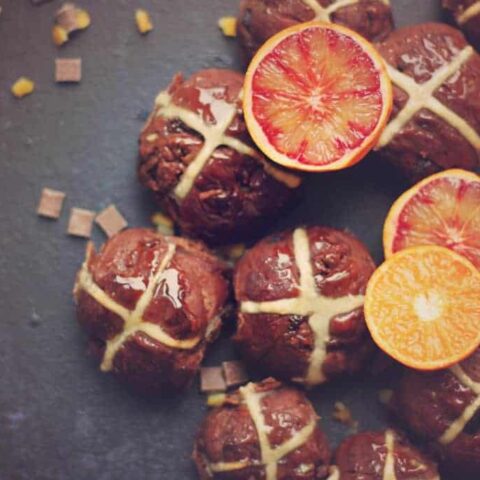 Hot cross buns made with chocolate and orange