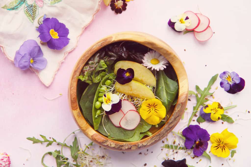 Edible flower salad with a balsamic dressing