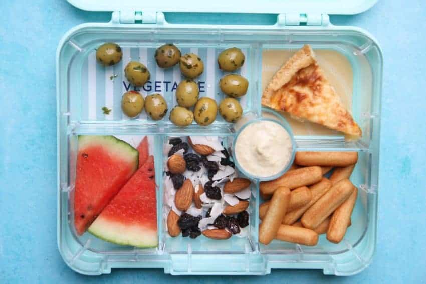 Overhead shot of a bento box back to school lunch ideas