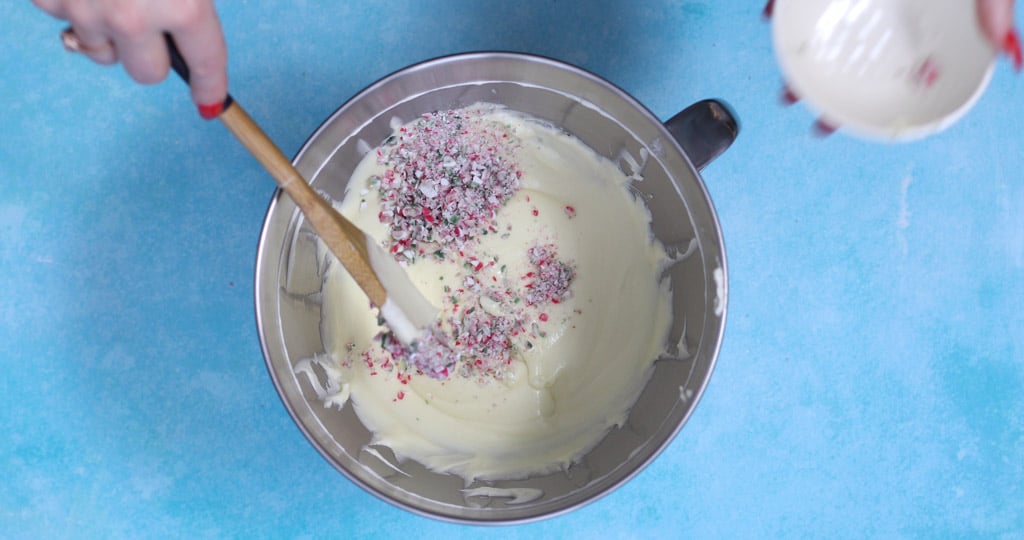 White chocolate and peppermint mousse topping for peppermint bark cheesecake