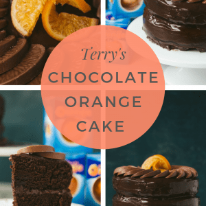 A collage of pictures with a chocolate orange cake.