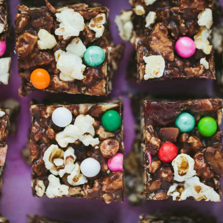 Close up of popcorn rocky road squares