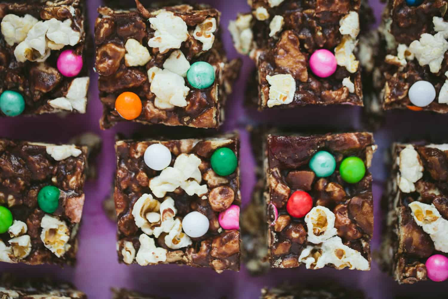 Close up of popcorn rocky road squares