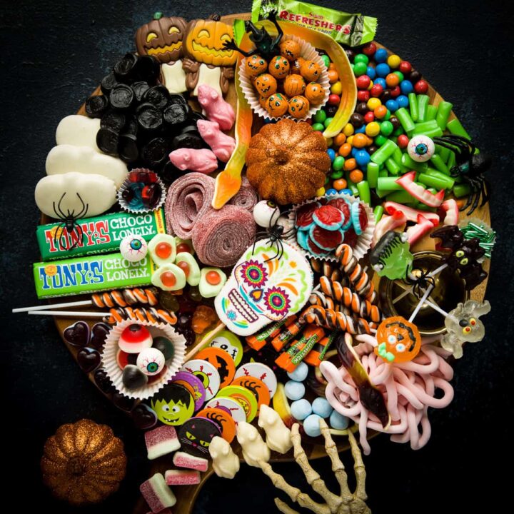 A Halloween Treat Platter filled with Halloween candy and chocolate