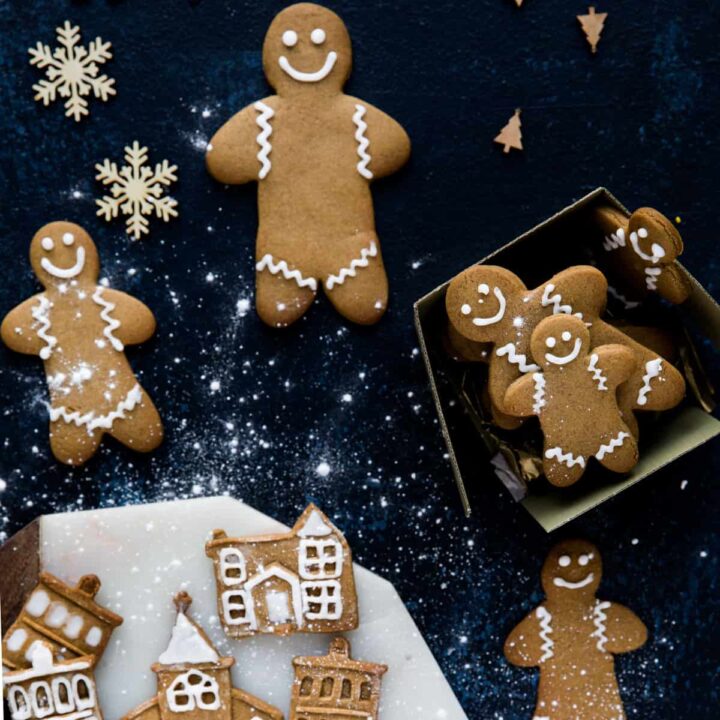 Gingerbread biscuits made into houses and gingerbread men