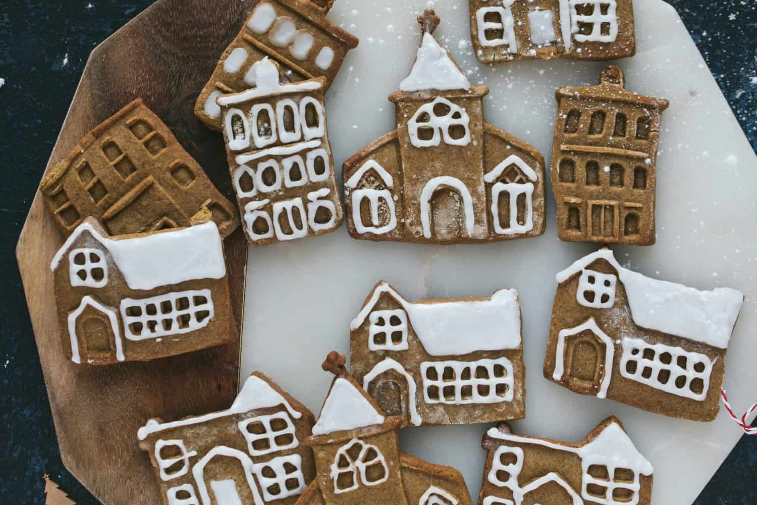 Houses and churches made from gingerbread biscuit dough. 