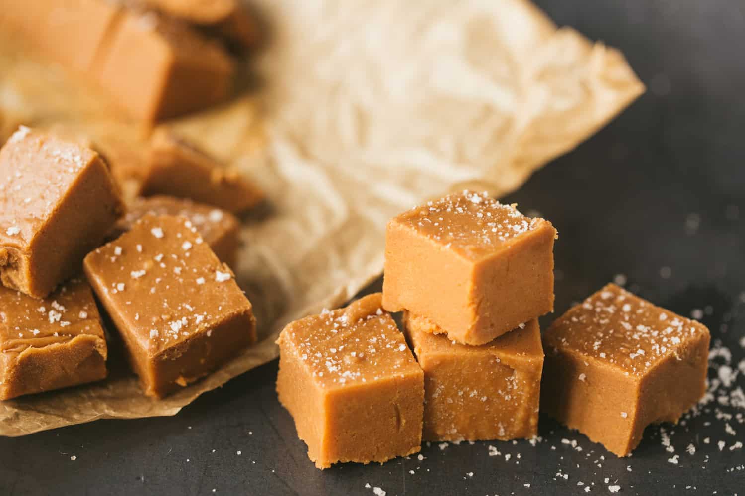 A pile of traditional fudge on a baking paper