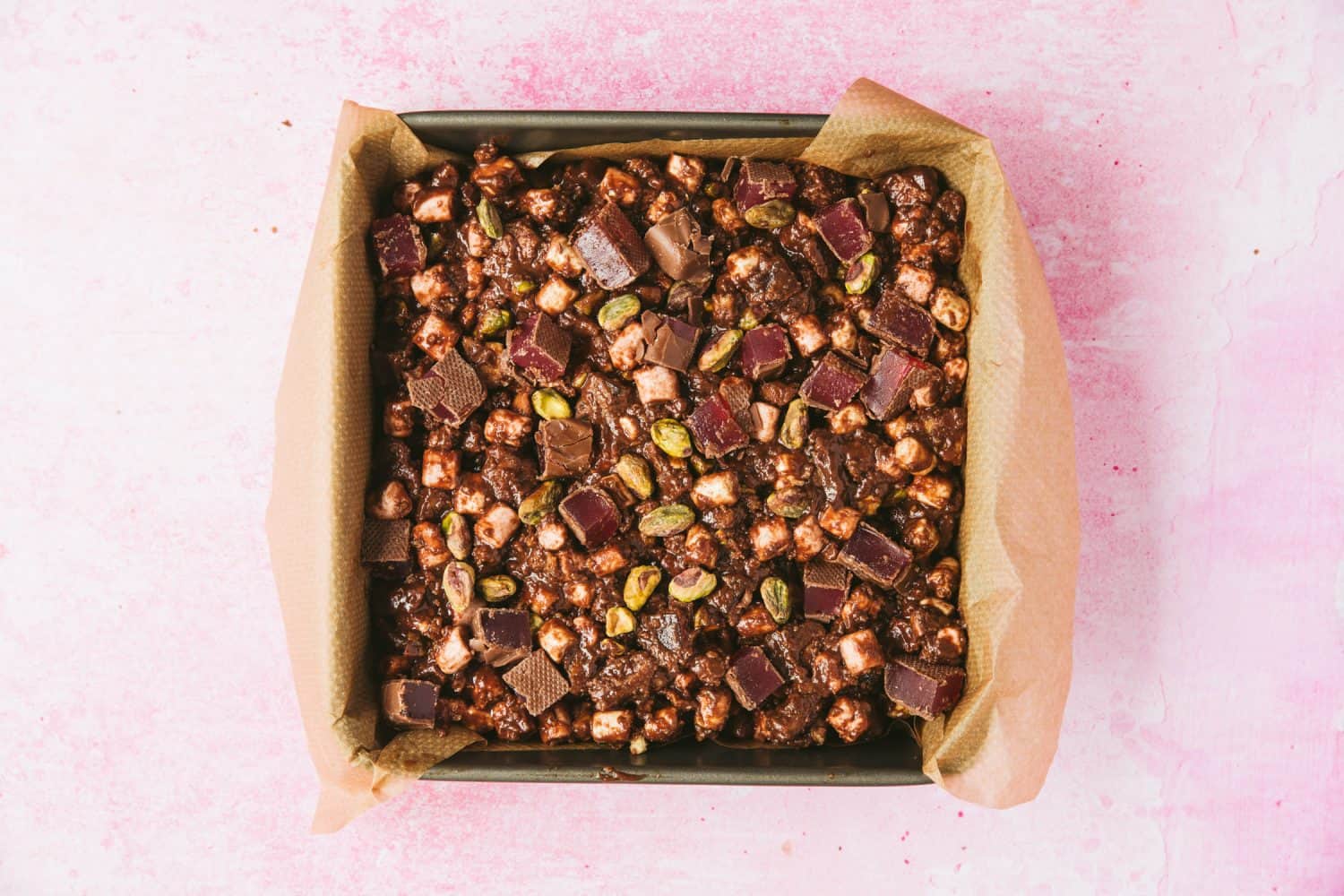 A baking tray filled with Rocky Road.