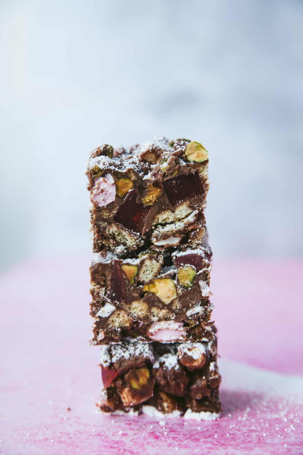 Three pieces of Turkish Delight Rocky Road stacked on top of each other. 