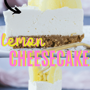 Lemon Cheesecake Pinterest Image with pink and yellow graphics.
