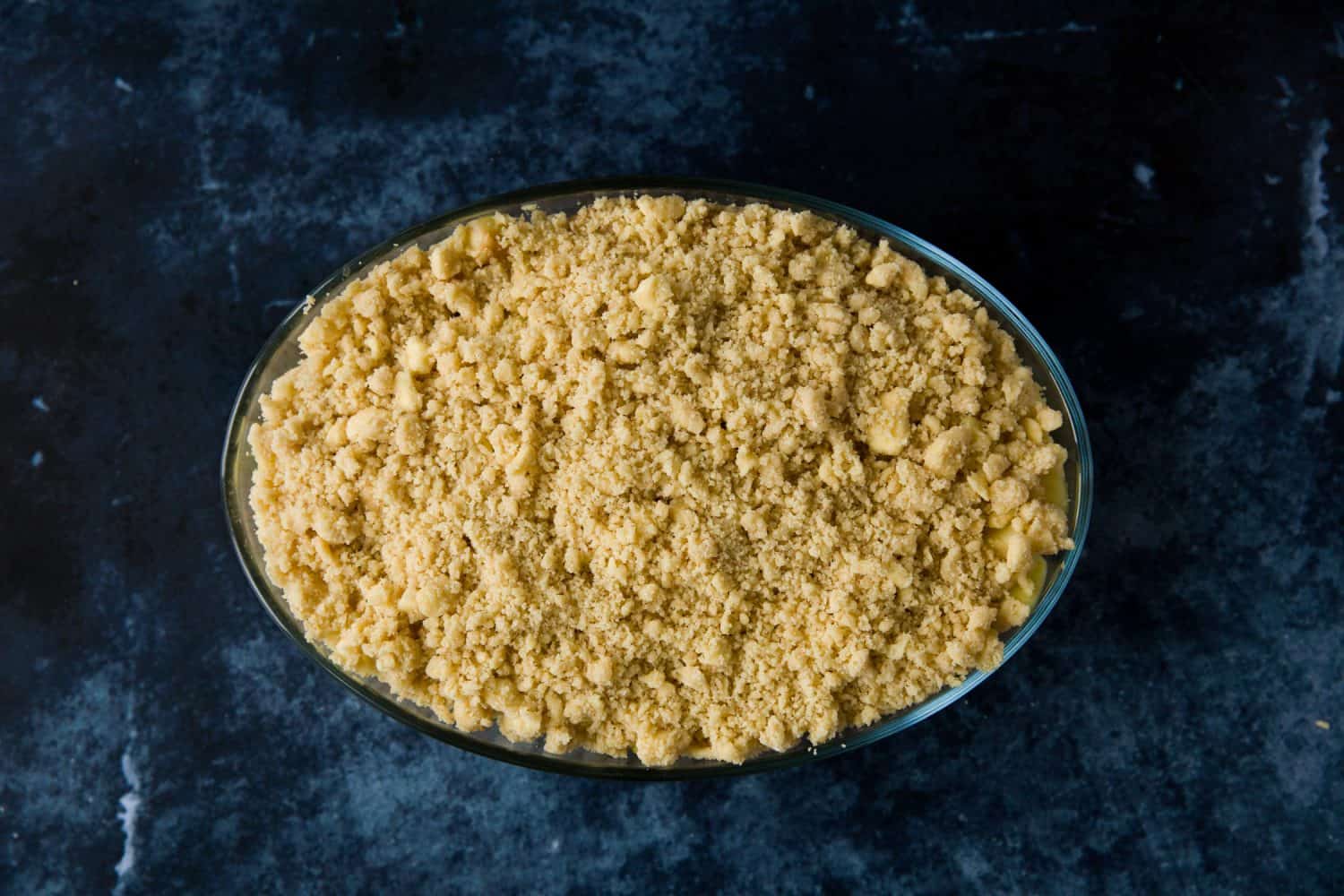 An oven dish with crumble topping. 