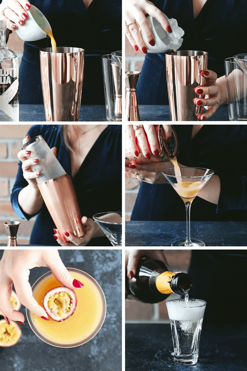 Step by step images depicting how to make a Pornstar Martini Cocktail. 