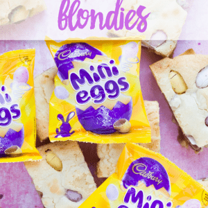 Mini egg blondies pinterest image with text overlay.