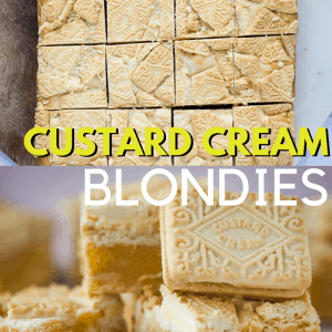 Custard Cream Blondies Pinterest Image with text overlay.