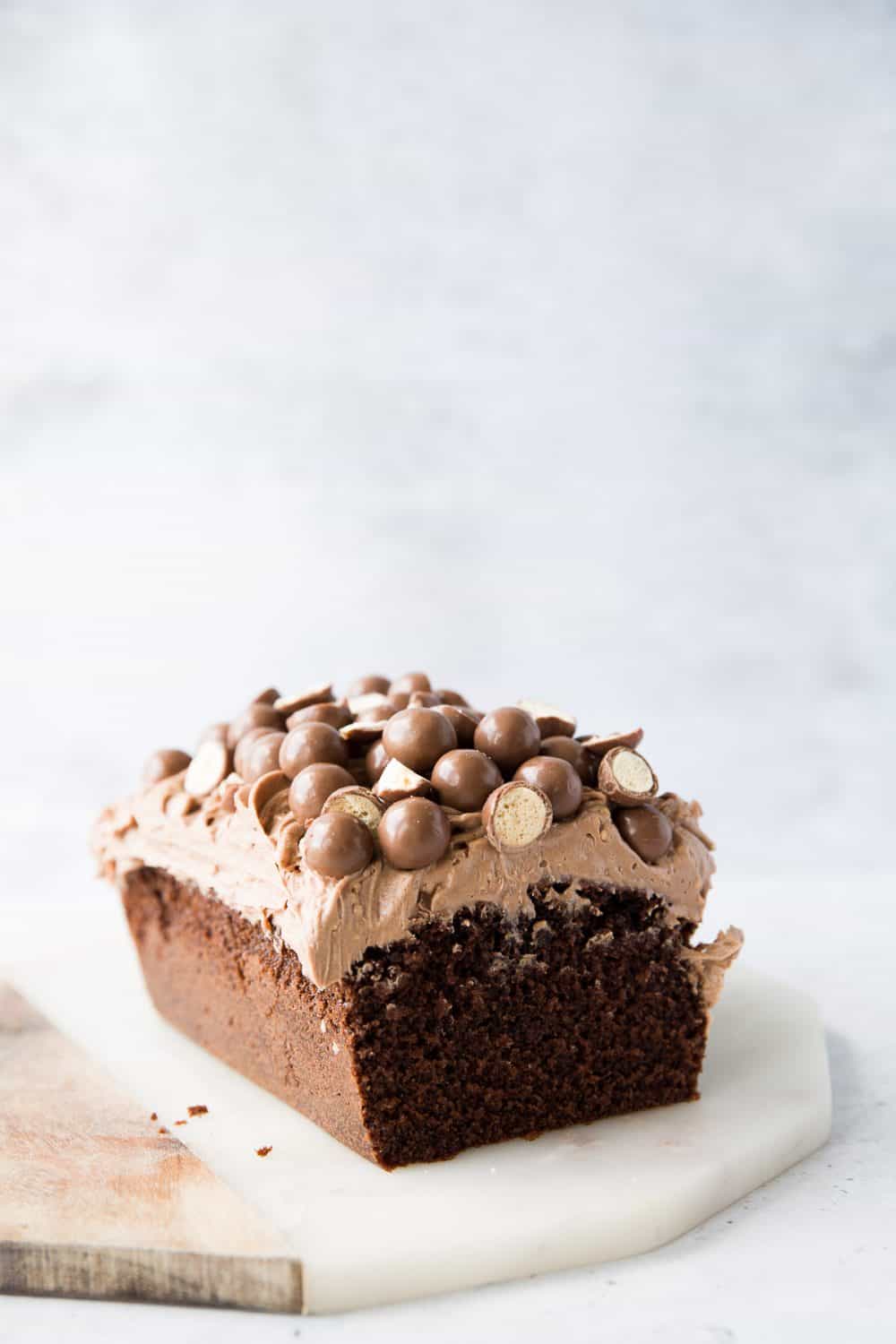 A chocolate and malt cake with buttercream topping.