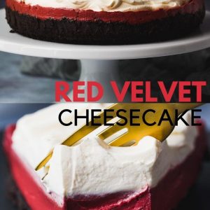 Red Velvet Cheesecake Pinterest image with text overlay.