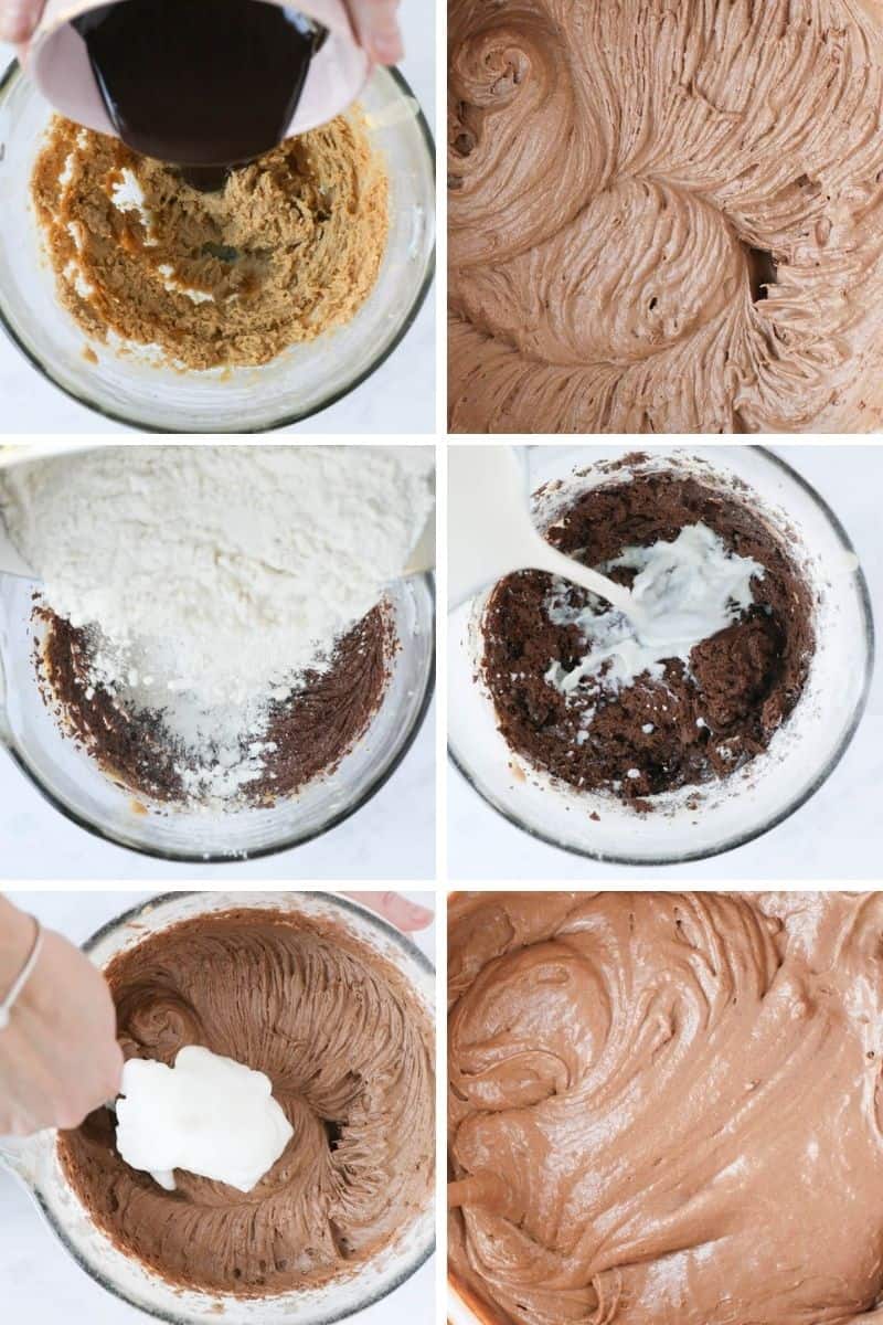A series of images showing the steps to make a chocolate sponge. 