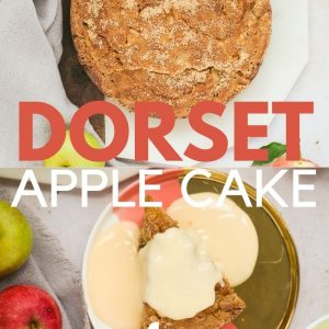 Pinterest image for a Dorset Apple Cake recipe with a text overlay.