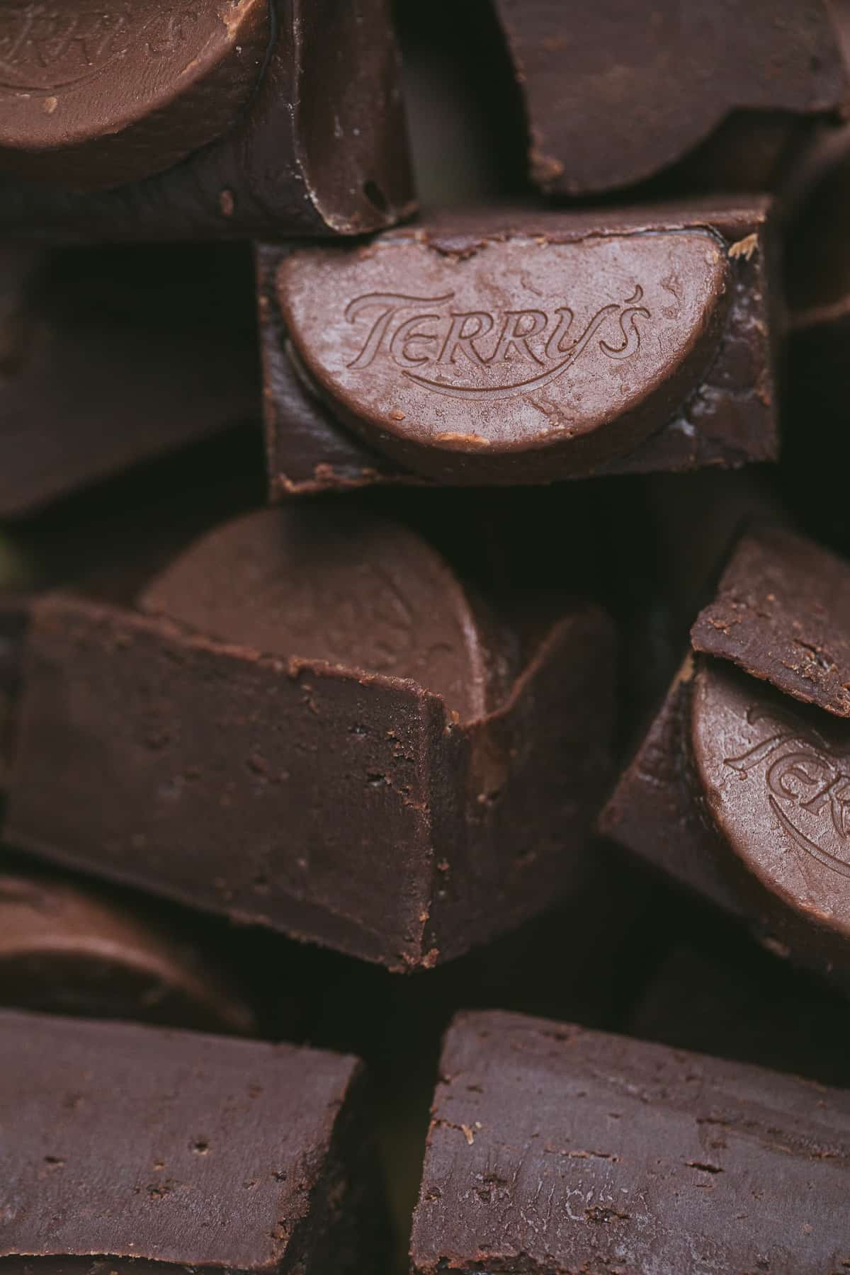 A very close up image of chocolate orange fudge. 