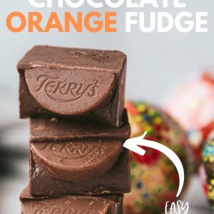 3 pieces of chocolate orange fudge stacked on top of each other - Pinterest image with text overlay.