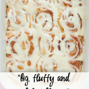 Cinnamon Rolls in a baking dish Pinterest image with text overlay.