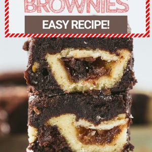 A stack of three brownies with a mince pie in the middle of each brownie. Pinterest image with text overlay.