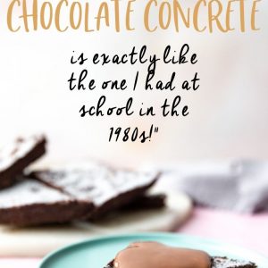 A slice of chocolate concrete covered with chocolate custard. Pinterest image with text overlay.