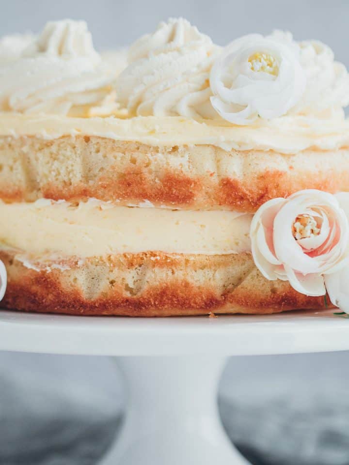 A two layer lemon cake with lemon buttercream.