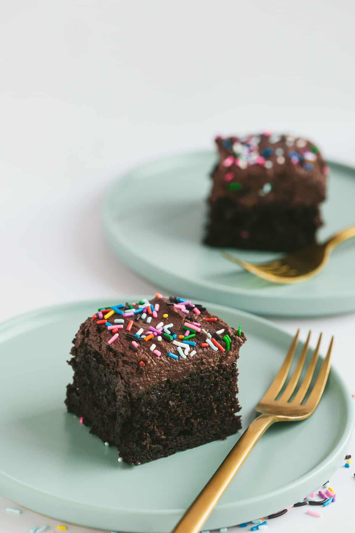 A piece of old school chocolate sprinkle cake on a green cake. 