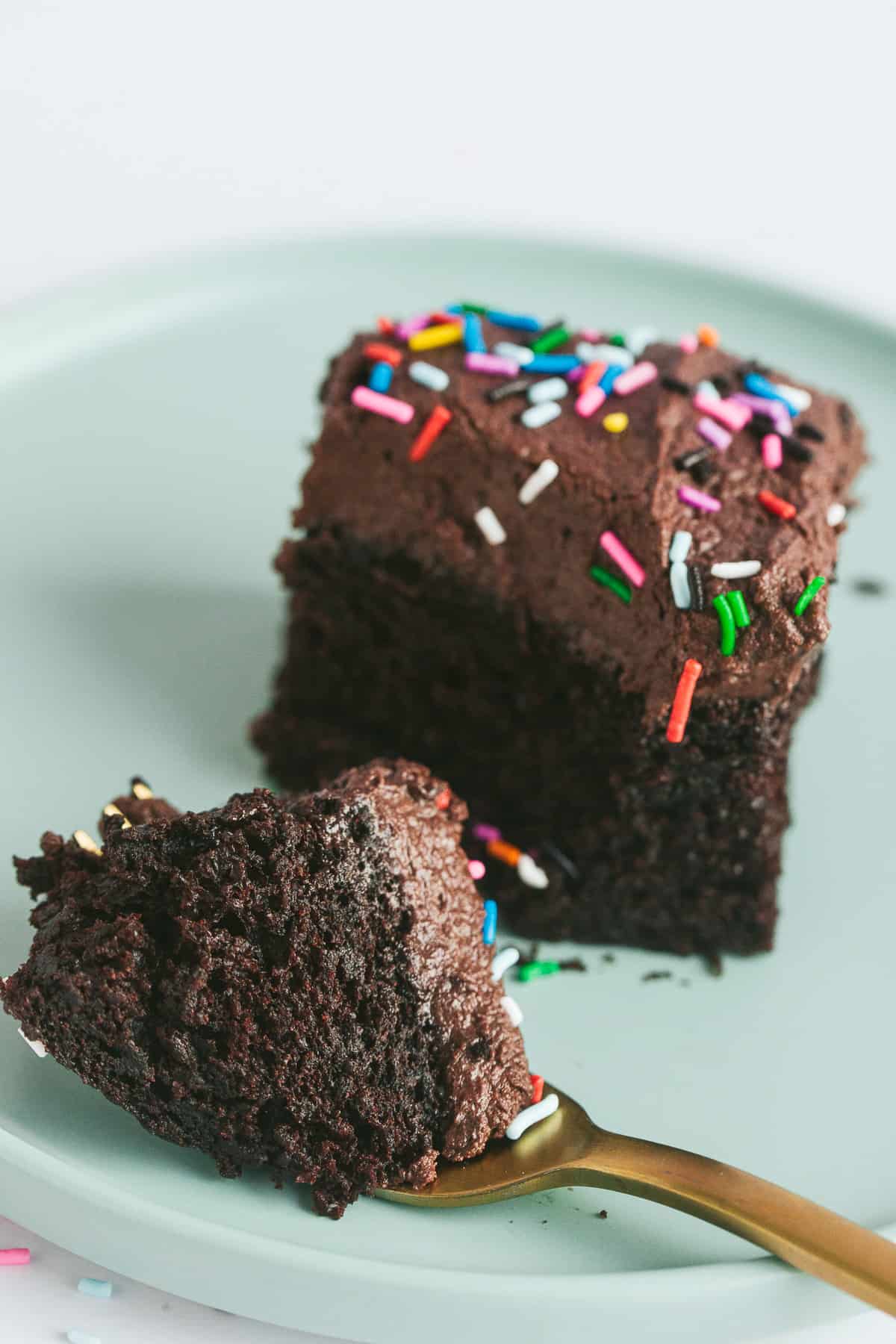 A slice of chocolate cake covered with chocolate buttercream. 