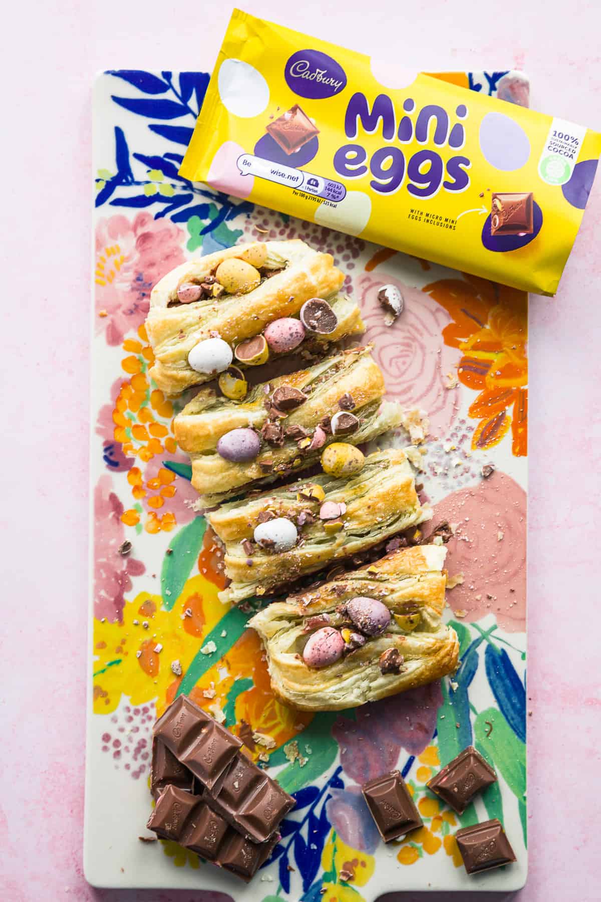 A puff pastry braid filled with Easter chocolate and topped with mini eggs. 