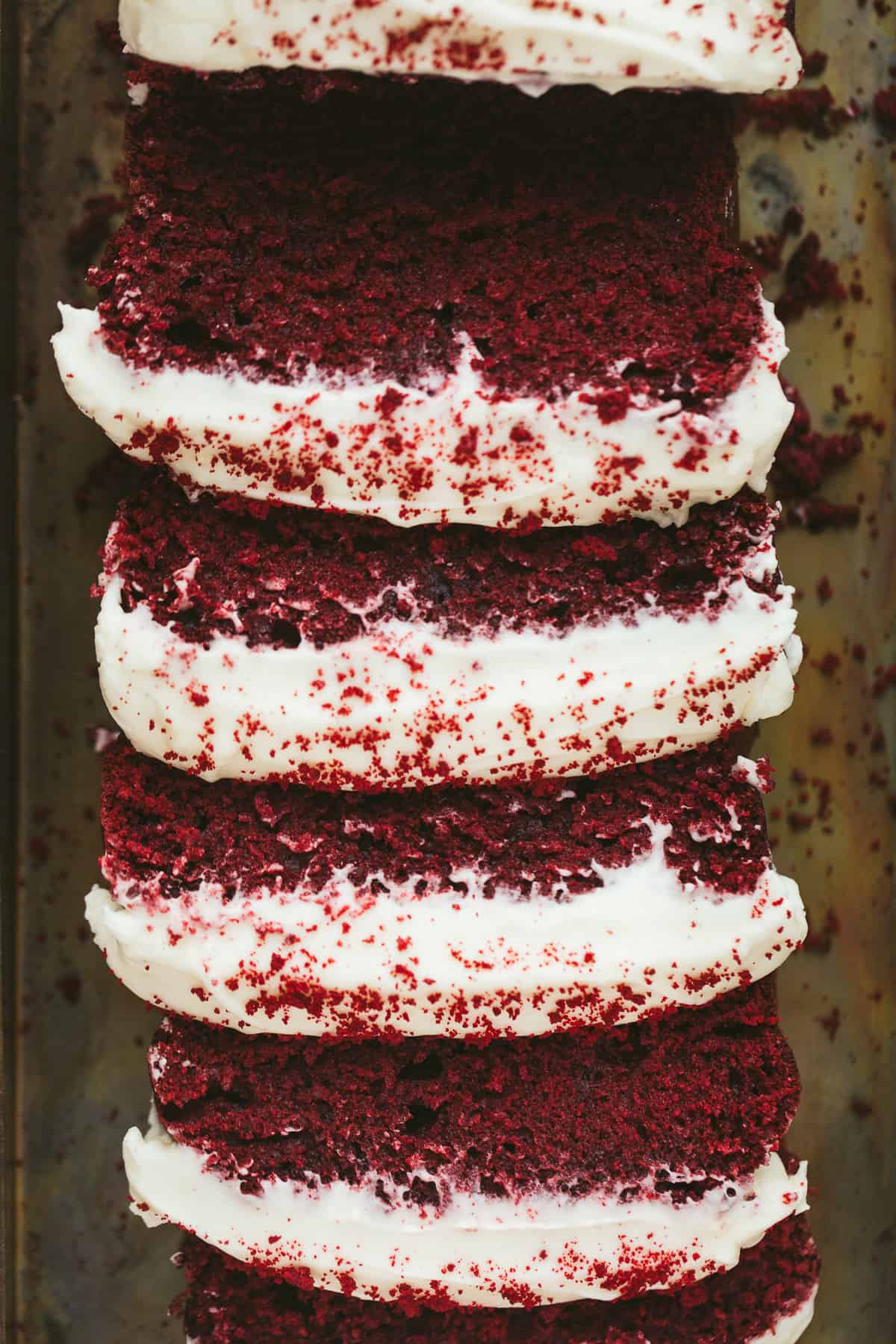 A sliced red velvet cake. 