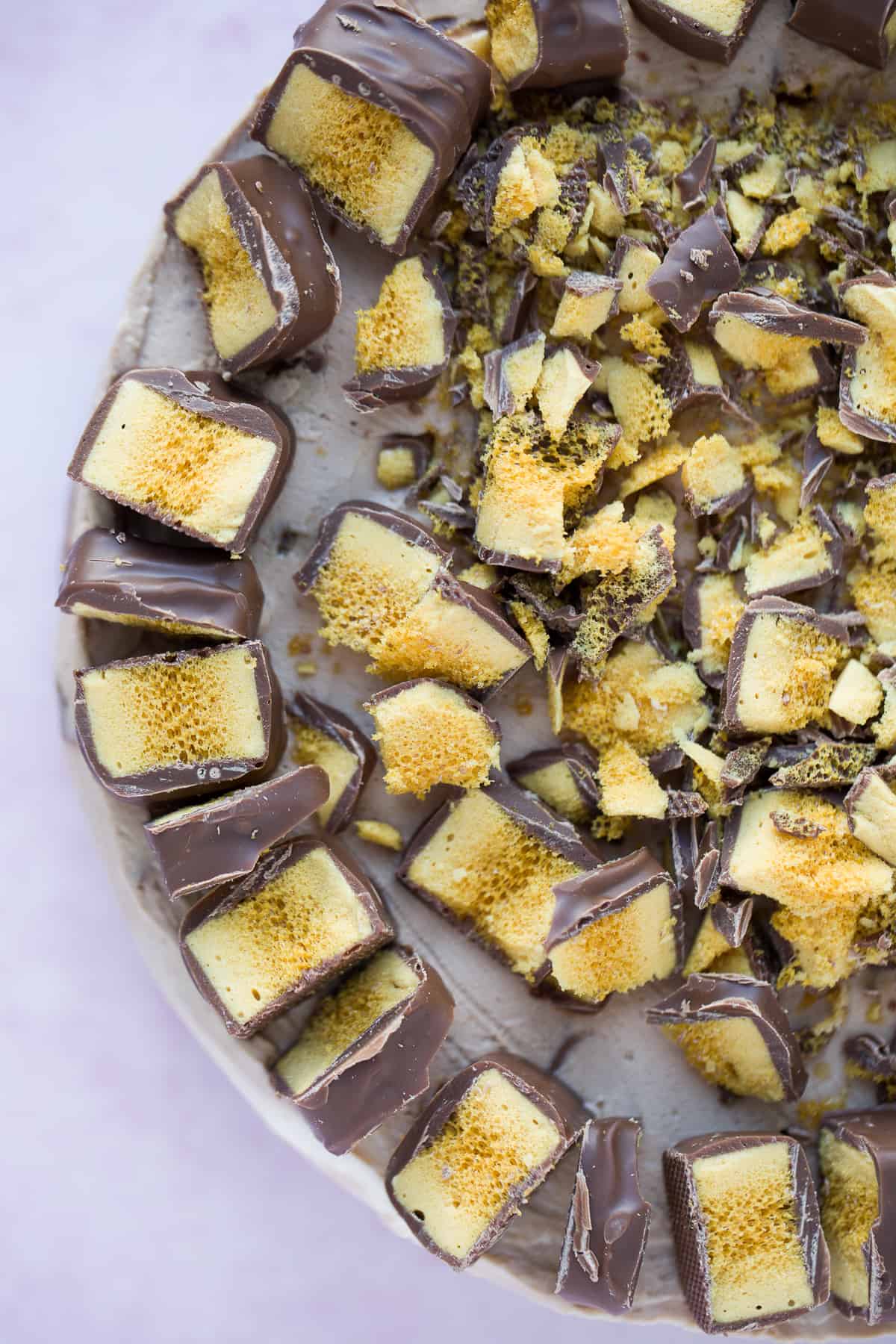 A no-bake Crunchie honeycomb cheesecake dessert. 