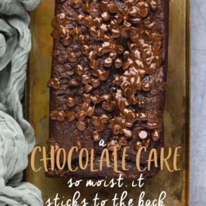 Chocolate loaf cake Pinterest image with text overlay.
