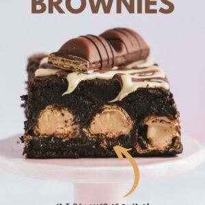 A chocolate brownie with a layer of kinder in the middle. Pinterest image with text overlay.