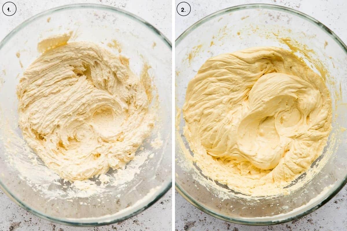 Two images side by side showing the process to make vanilla cupcake batter. 