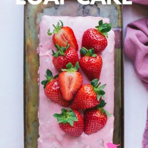 strawberry cake pinterest image with text overlay.