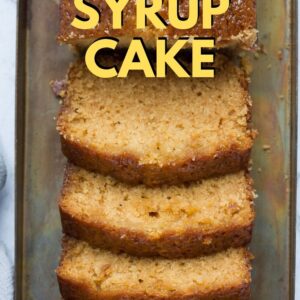 A sliced golden syrup cake Pinterest image with text overlay.