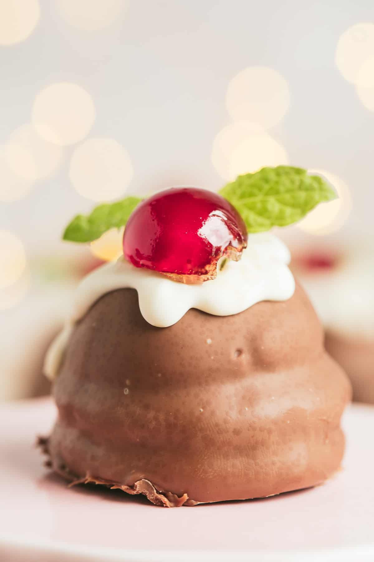 A close up shot of a Christmas-themed chocolate. 
